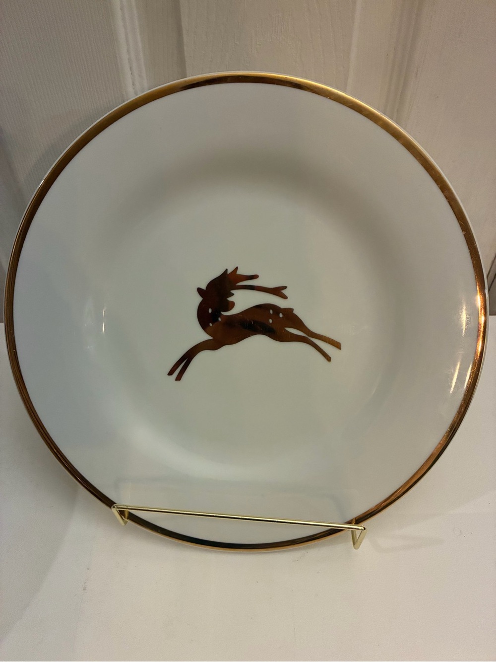 Set of 5 Vtg Pottery Barn Reindeer Dinner Plates 11" Gold Rim Christmas Japan
